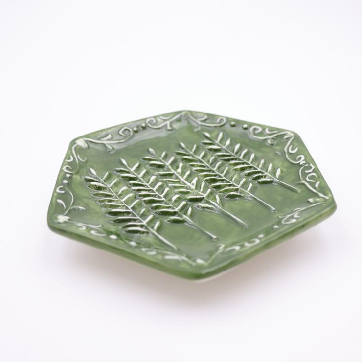 Green Fern Leaf Hexagon Ceramic Grater Plate