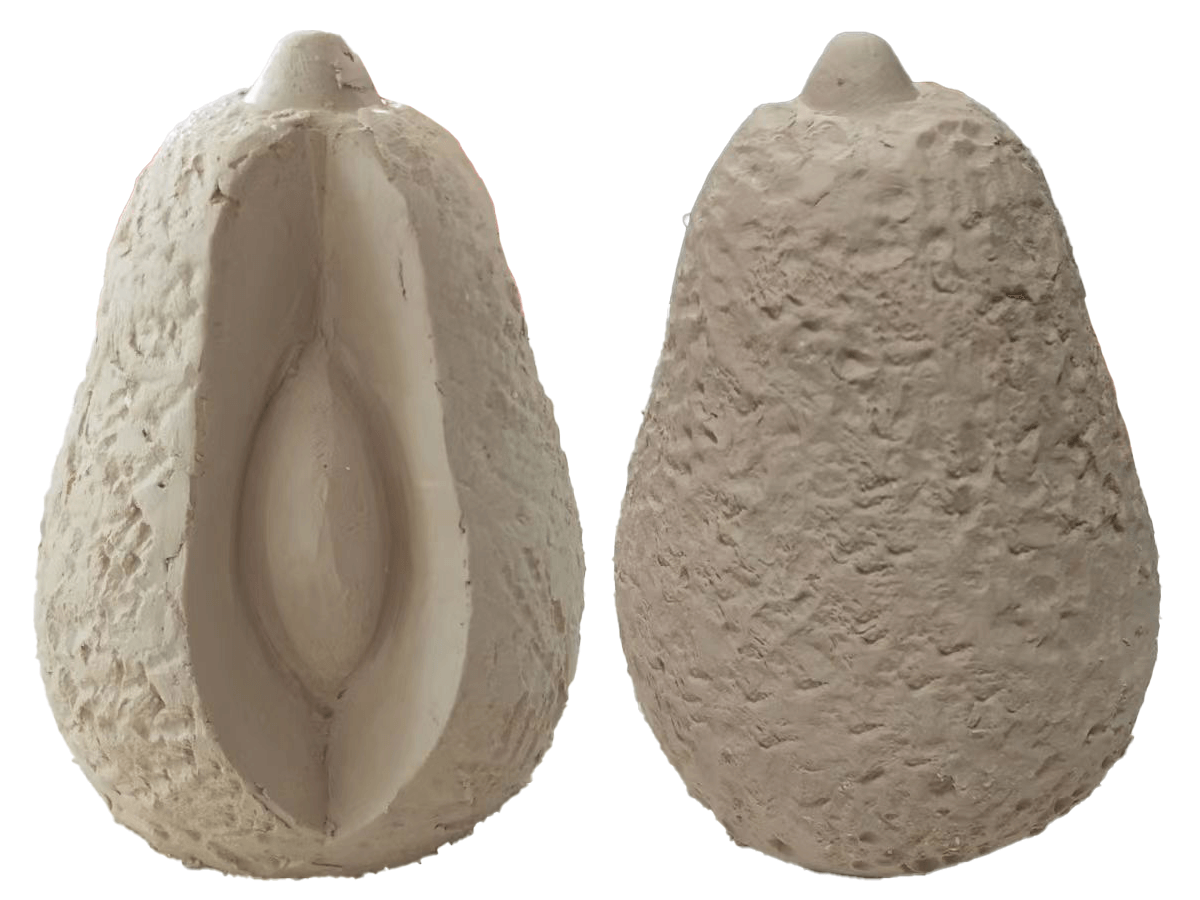 The avocado pepper and salt shakers set sculpture during the prototype carving process.png
